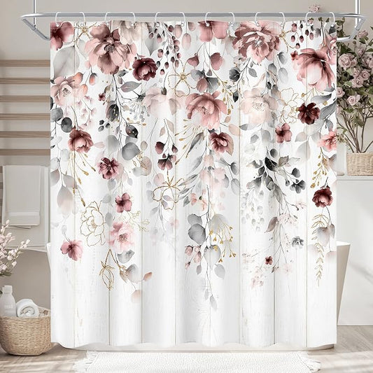 Rusic Floral Grey Pink Eucalyptus Leaves Bathroom Shower Curtain Set | 72"W x 72"L Flower Blossom look, waterproof HD printed shower curtain, quick-dry fabric and free hooks.