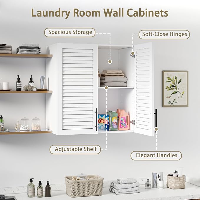 60" Laundry Room Wall Cabinet with Shutter Style Doors, Wall Storage Cabinet with Adjustable Shelf, Bathroom Wall Cabinet, Upper Storage for Laundry Room, Bathroom, Kitchen, Garage, White