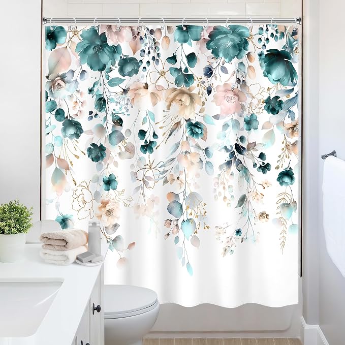 Floral Teal Green Eucalyptus Leaf Rustic Bathroom Shower Curtain Set | 72"W x 72"L Flower Watercolor style, clear shower print, fast-dry fabric and hooks for a simple bath update.
