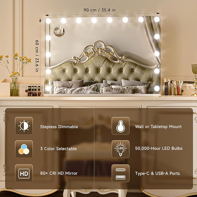 ouboyo 36''X24'' Hollywood Vanity Mirror with Lights, Lighted Makeup Mirror with 16 Dimmable LED Bulbs, 3 Color Lighting Modes & Stepless Dimming, USB & Type-C Charging Port, Wall Mounted Or Tabletop
