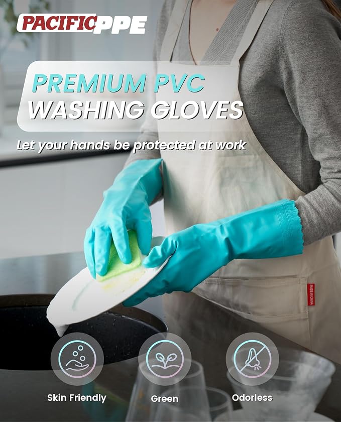 2 Pairs Dishwashing Gloves, Cotton Flocked Liner, Green, Large | Waterproof dishwashing gloves with non-slip grip, Latex-Free, flexible fit for kitchen, bathroom, laundry & cleaning