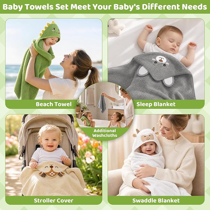 12 PCS Baby Bath Towels Set, Baby Towels for Newborn Bath Essentials Gifts | Animal Hooded, Ultra Thick Soft Absorbent, 4 Baby Towels & 8 Washcloths for Boy Girl Infants (Dinosaurs, Sheep, Elk, Bear)