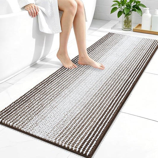 OLANLY Bathroom Runner Rugs 47x20, Soft Chenille Striped Bath Rugs, Brown | Extra Absorbent, Rubber Backing, Machine Wash Dry, Bath Mats for Bathroom Floor, Tub and Shower, Home Decor Accessories
