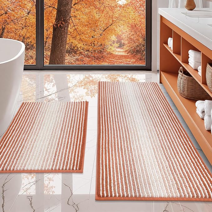 Bathroom Rugs and Mats Sets, 2 Piece Thick Absorbent Chenille Bath Mat Rug Set Non Slip, Soft Bath Room Floor Mats for Bathroom, Machine Washable (20" x 47" Plus 16" x 24",Light Orange)