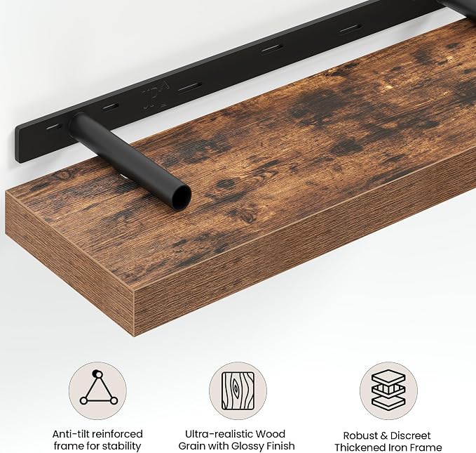 Vivelove 48 Inch Floating Shelves Wall Mounted for Display, 6.5 Deep Duty Shelves with Invisible Brackets for Living Room,Bedroom,Kitchen, Bathroom Storage & Decor,48" Wx6.5 Dx1.4 H - Rustic Brown