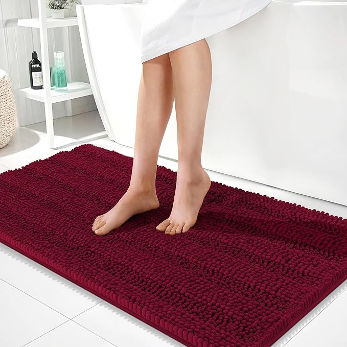 OLANLY Thick Bathroom Runner Rugs 44x24, Soft Chenille Bath Rugs, Burgundy | Absorbent Striped, Rubber Backing, Machine Wash, Long Bath Mats for Bathroom Floor, Tub and Shower, Home Decor Accessories