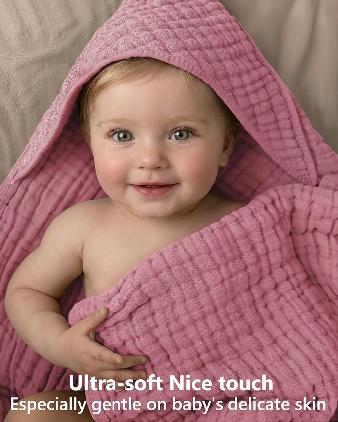 Baby Girl Bath Towels, 100% Muslin Cotton Hooded Baby Towels for Newborn, 2 Pack Baby Towels with Hood for Infant Toddler and Kids, Large 32x32Inch Bath Essentials, Soft and Absorbent