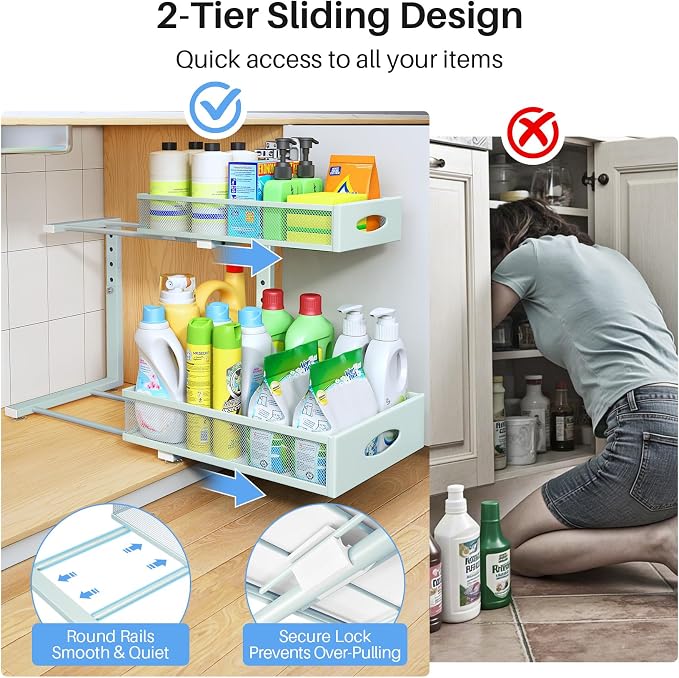 Under Sink Organizer, 2 Tier Pull Out Under Cabinet Organizer Shelf with Pad for Framed Cabinets, Metal Slide Out Under Sink Storage, Mesh Sliding Drawers for Kitchen Bathroom Laundry(Blue, 1 Pack)