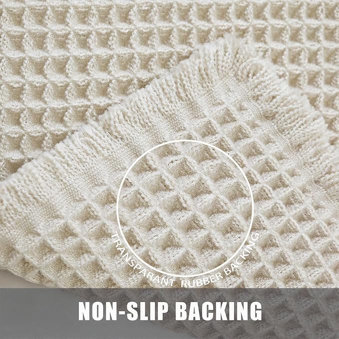 Set of 2 Waffle Bathroom Rugs, Large Non Slip Absorbent Waffle Knit Bath Mat for Shower Floor, Tub and Bathroom Door, Ultra Soft Quick Dry, Cream White, 17"x24"+18"x30"