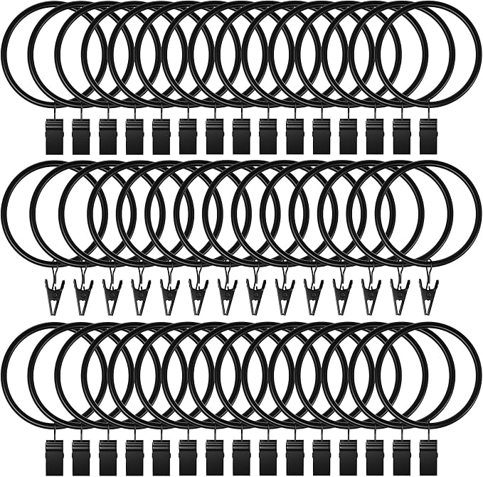Lansian 100 Pack Curtain Rings with Clips Hooks 2 in Diameter Rustproof | Matte Metal Stainless Steel Drapery Rings for Tension Rod Bracket Eyelets Decorative Hanger, Fits 1.88 in Rods, Black