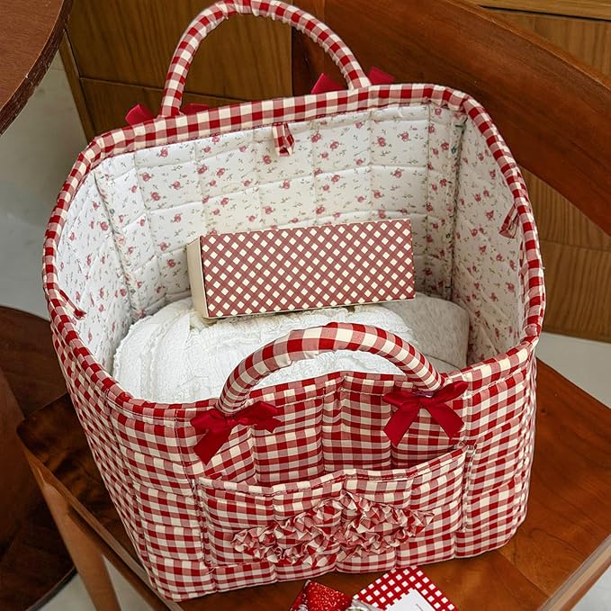 Storage Basket Boho Fabric Large Collapsible Floral Laundry Nursery Hamper Portable Folding Storage for Clothes Toys (Red Plaid)