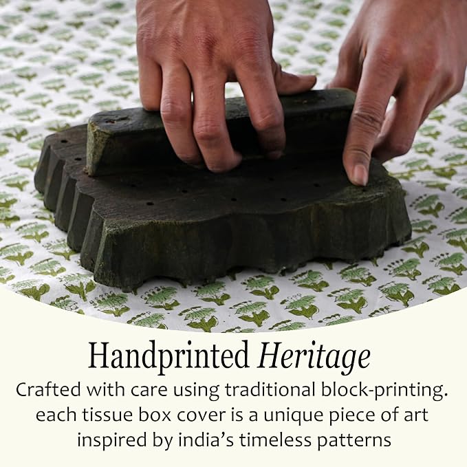 CPC Emerald Green Hand Block Print Cotton Ruffle Tissue Box Cover 4.5"x4.5"x5"Inch, Square Decorative Tissue Holder Cover for Bathroom, Living Room, Bedroom, Home Décor, Vanity, Car Gift for Summer