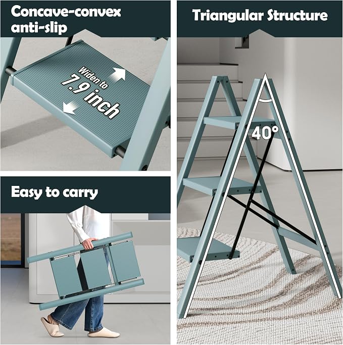 Taranta 3 Step Stool Foldable,Aluminum Step Ladder-Serene Blue | Lightweight,Wide Anti-Slip Pedals,Folding Step Stool,330lbs Capacity Stepladder for Household,Kitchen,Office