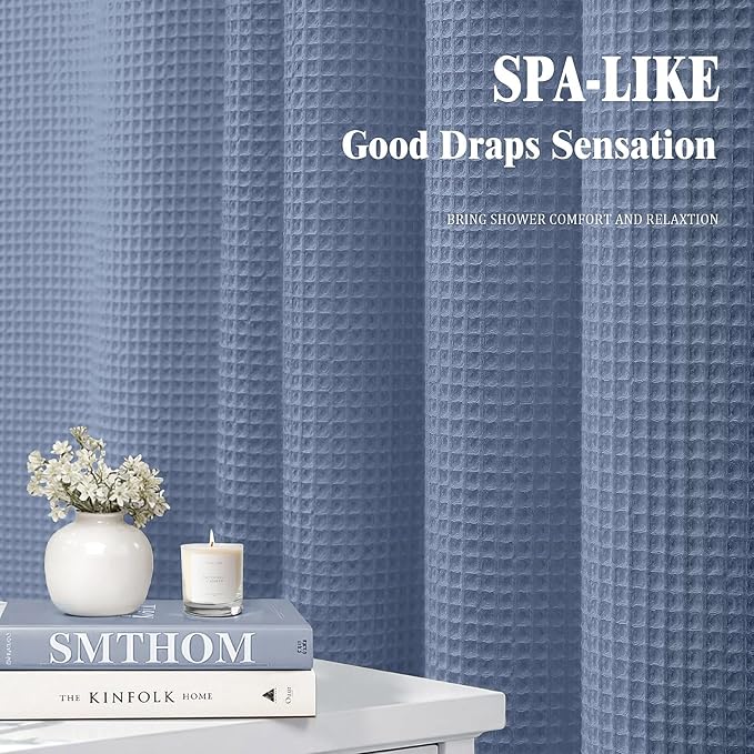 Long Waffle Shower Curtain Heavyweight Cotton Fabric Moonlight Blue 72Wx84L | Soft Cotton Cloth,3D Square Truely Waffle,Washable, Hotel Luxury Spa, Shower Curtains for Narrow Bathroom 12 Plastic Hooks