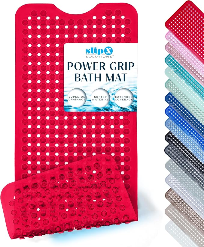 SlipX Solutions 39"x16" Power Grip Non Slip Bathtub Shower Mat, Red | Stronger Wet Surface Protection, Soft Under Foot, 265+ Suction Cups, Large Drainage Holes