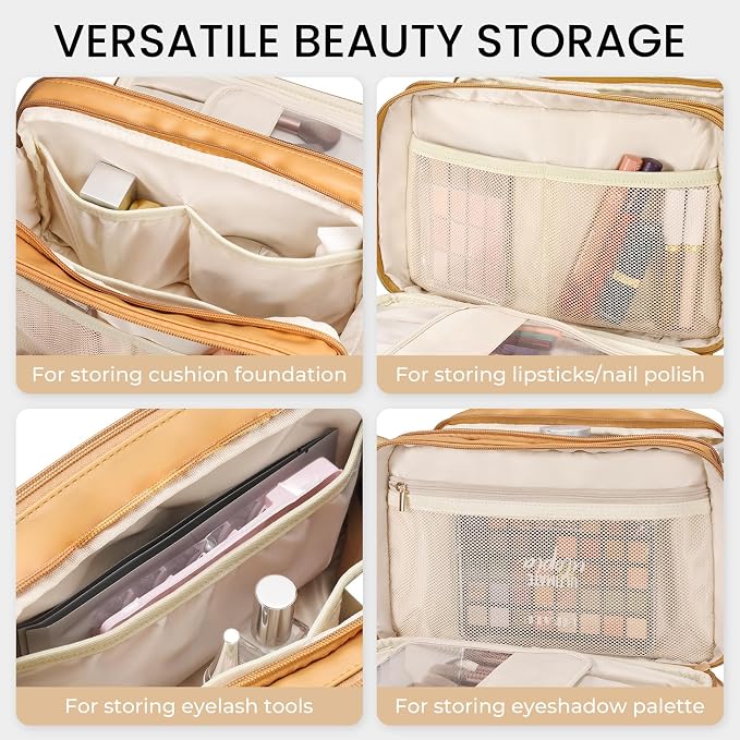 HauteHues Travel Makeup Bag Women's Large Capacity Cosmetic Portable Organizer Large Opening Waterproof Storage Toiletry Bags Vertical Free-Standing Brush Holder for Easy Access Orange