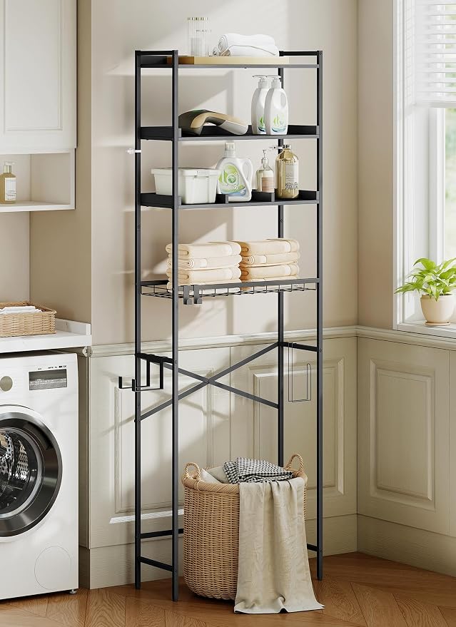 Quikraen 4 Tier Over The Toilet Storage Shelf with 3 Adjustable Shelves, Space Saver Bathroom Organizer with 4 Hooks, Freestanding Above Toilet Rack for Restroom Laundry (Black)
