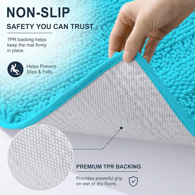 Smiry Thick Small Chenille Bathroom Rugs 24x16, Soft Bath Mat, Aqua Sky | Quick‑Dry & Machine Washable, Non‑Slip Bath Carpet, Striped Bath Rugs for Tub & Shower, Modern Home Decor Accessories