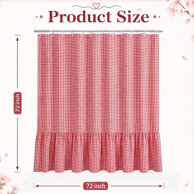 HunnmingRe Ruffle Hem Gingham Shower Curtain, Red Farmhouse | Waterproof Fabric for Bathroom, Machine Washable, Standard Size Fits Most Tubs, Farmhouse Cottage Style Decor