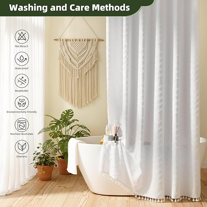 Siiluminisoy Boho Shower Curtain White Tassel Woven Fabric Shower Curtain 54 x 78 Modern Farmhouse Textured Tufted Chevron Striped Minimalist for Bathroom, Closet Door