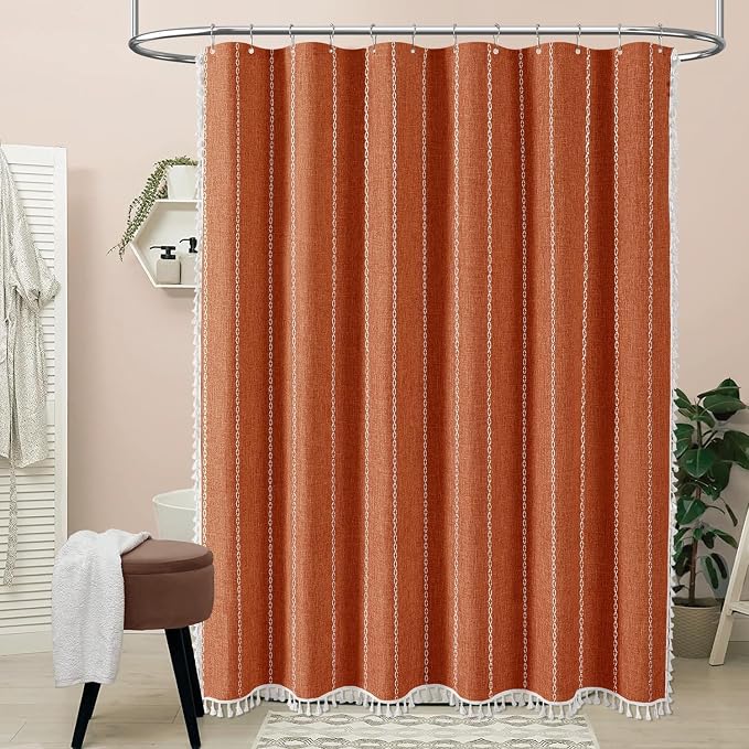 48 x 72 Boho Linen Heavy Duty Cloth Shower Curtain Set, Burnt Orange | Stall Size, 330GSM Linen Blend, Water Repellent, Vintage Striped Fabric, 8 Plastic Hooks, Rustic Country, Machine Washable