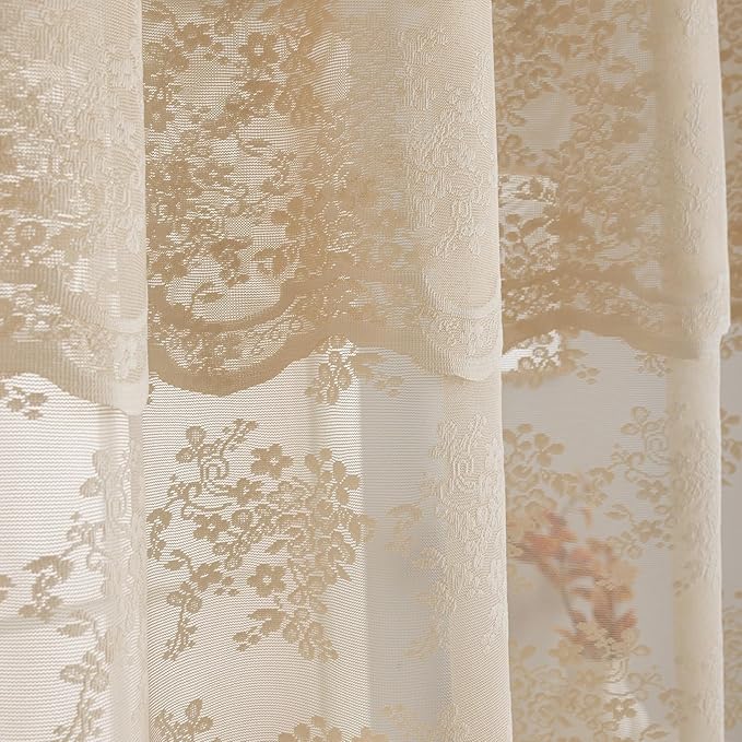 TUDECO Extra Long Beige Lace Shower Curtain with Valance, 72 x84 Inch | Antique Vintage, Floral Pattern, Tall Bathroom Curtain, Scalloped Edges, Light Filtering, Soft Privacy, Reinforced Holes