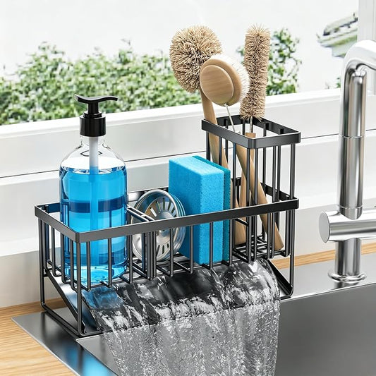 Cisily Sink Caddy Sponge Holder for Kitchen with Brush Holder and Stainless Steel Self Drain Tray, Rustproof Kitchen Sink Organizer for Sponge, Soap Dispenser Storage Accessories