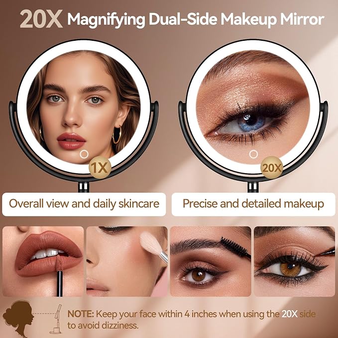 20X Magnifying Mirror with Lights and Storage, Double Sided Vanity Mirror | Rechargeable Makeup Mirror, 3 Color Lighting, Fast Charge and Long-lasting Work, Height Adjustable, Memory Function, Black