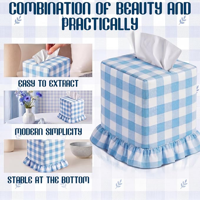 Blue Gingham Tissue Box with Ruffled Cover Cottagecore Handmade Decorative Gingham Napkin Holder for Home Bedroom Living Room Bathroom Vanity Countertop Car Office Kitchen