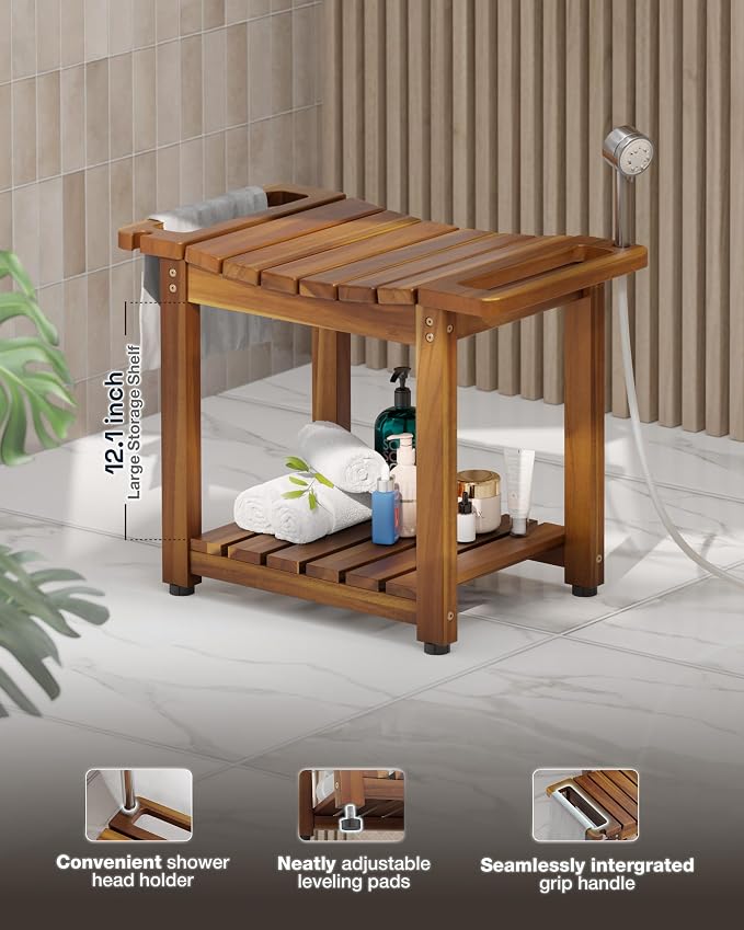 Bluewest 23.4 Inch Shower Bench with Storage Shelf, Natural Wood and Handle | Waterproof Bathroom Spa Bench for Sitting Inside the Shower and Shaving Legs, with a Built-In Handle and Shower Head Holder.