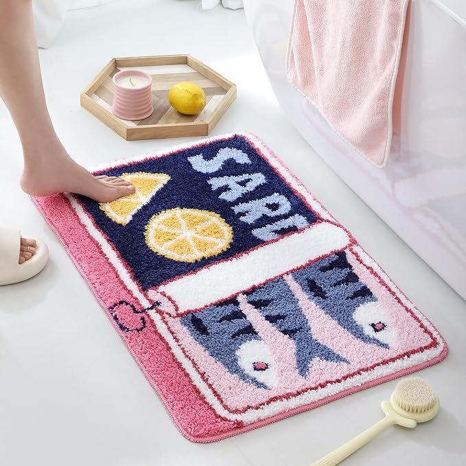 TRUEDAYS Sardine Bath Mat, Cute Bath Mat for Bathroom 20x30 Inch, Pink | Fun Bath Mat, Soft Absorbent, Quick Dry, Machine Washable, Non Slip Bath Rugs for Bathroom Decor Kitchen Bedroom