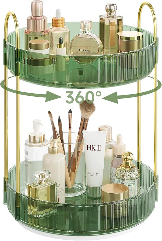 Rotating Makeup Organizer Countertop, 2 Tier, Green | Skincare Organizers, Spinning Perfume Tray Stand, Makeup Storage Organizer for Vanity, Bathroom Organizer, Lazy Susan