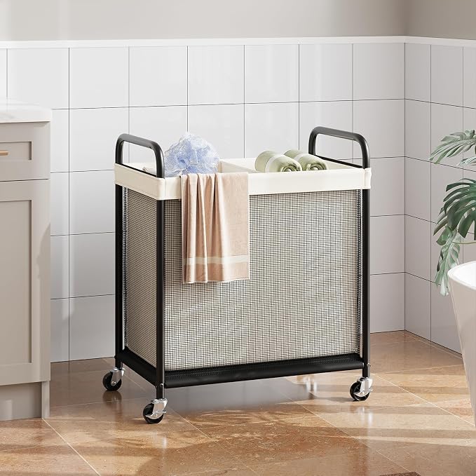 ELYKEN Laundry Hamper 2 Section, 100L Rolling Laundry Sorter with Wheels | Removable Washable Liner Bags, Sturdy Steel Frame and Metal Handle, Double Compartment Clothes Organizer for Laundry Sorting