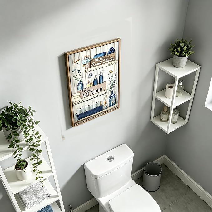 BJVJKSU Framed Navy Blue Bathroom Decor Wall Art Rustic Blue Bathroom Canvas Wall Decor Please Seat Yourself Sign Print Painting Vintage Aesthetic Farmhouse Artwork Picture(12x16in)