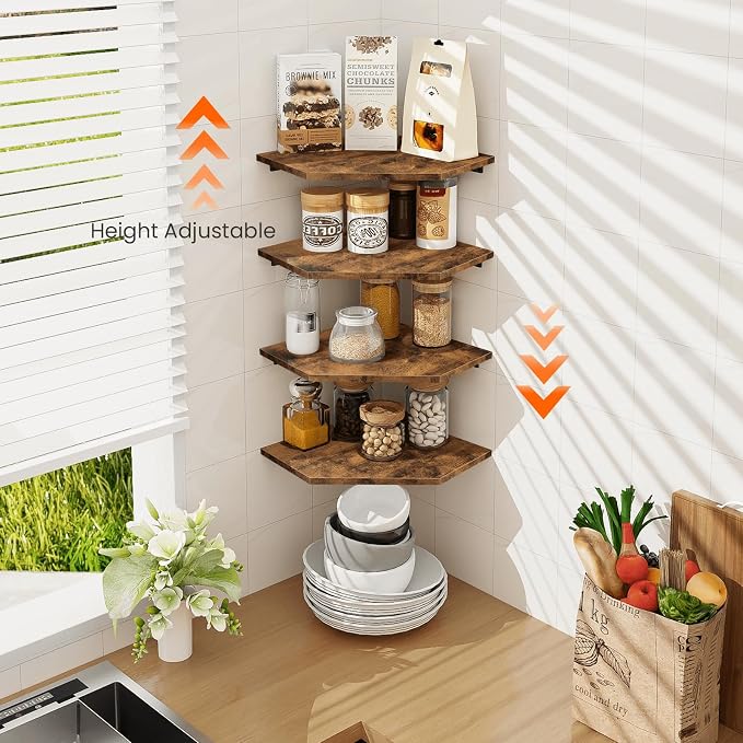 Corner Shelf Wall Mount, Set of 4 Floating Corner Shelves with Cord Hole for Cable Box, Wood Corner Hanging Shelves for Bathroom Bedroom Kitchen, Rustic Brown