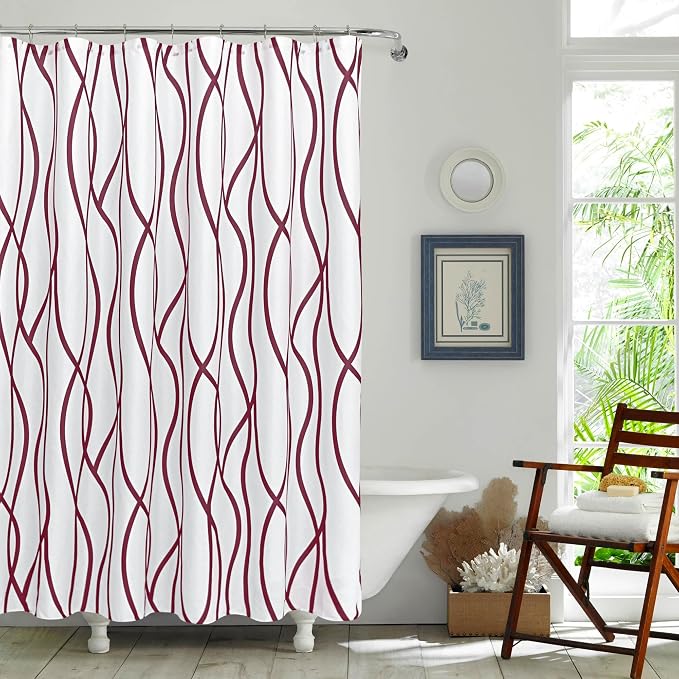 Biscaynebay Extra Long Textured Fabric Shower Curtain 72 W x 84 L, Burgundy Printed Striped Linen Modern Hotel Luxury Quality Cloth Bathroom Curtains Machine Washable