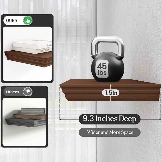 Fun Memories Floating Shelves 48 Inch Long, 9.3 Inch Deep Classic Crown Molding Floating Shelves for Wall, Rustic Wooden Shelves for Wall Decor Bathroom, Kitchen, Office, (Walnut, 1Pack)