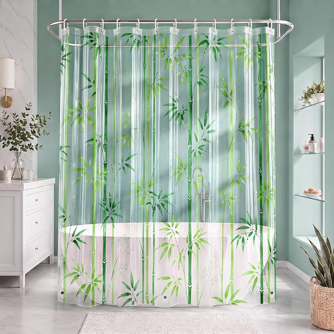 Clear Shower Curtain Liner, Green Botanical PEVA, 72x72 Inch | Nature Plant Waterproof Bath Plastic Shower Curtains Set with 3 Weighted Magnets and 12 Hooks for Bathroom Decor