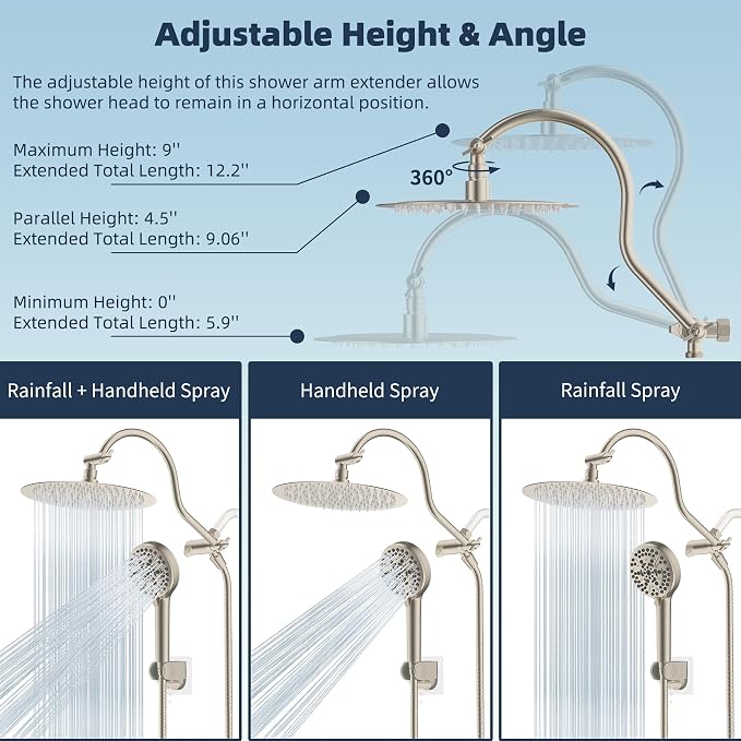 Hibbent All Metal CUPC Certified Shower Head, 10'' High Pressure Rainfall Shower Head, Handheld Showerhead Combo with 12'' Adjustable Extension Arm, 10-Spray, 71'' Hose, Shower Holder, Brushed Nickel