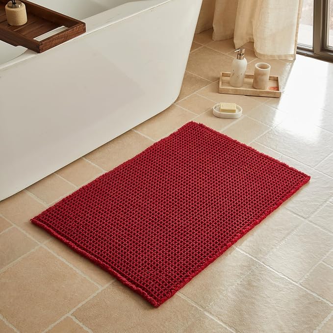 Triohero Waffle Bath Mat, Boho Bathroom Rugs Non Slip Washable, Ultra Soft Super Absorbent Quick Dry Farmhouse Bathroom Decor, 24" x 36", Burgundy