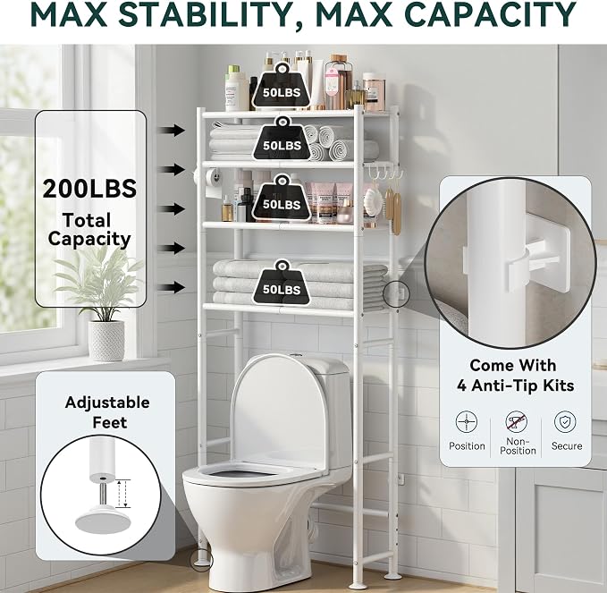GloTika 4-Tier Over The Toilet Storage Shelves, White | 200lb Total Capacity, Metal Bathroom Organizer with 36" Clearance, Includes Paper Holder & 4 Hooks, Suit for Small Space