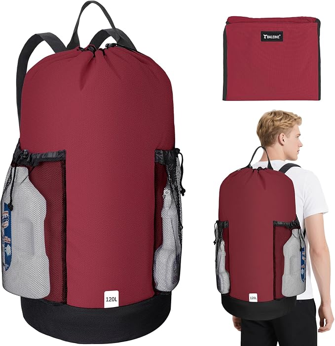 BALEINE 120L Laundry Bag Backpack, 900D Oxford Fabric Large Travel Laundry Bags with Shoulder Straps and 2 Mesh Pockets for College Dorm, Apartment, Laundromat (Red, 120L)