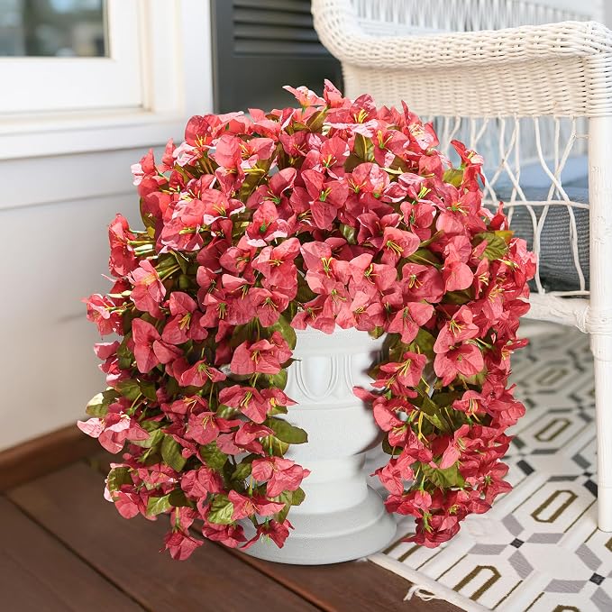 Bougainvillea Artificial Flowers for Outdoors Fake Plants Fall Autumn Decor, 2 pcs Faux Long Trailing Vines UV Resistant Look Real Red Silk Flowers for Outside Planter Front Door Porch Urn Yard Patio