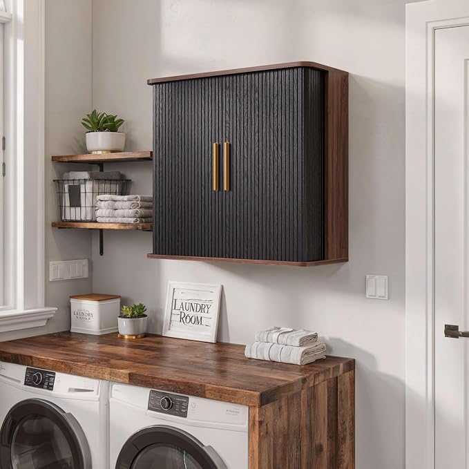 FIMELLO 29.5" W Bathroom Wall Cabinet, Laundry Room Cabinets Wall Mounted with Sliding Tambour Door, Kitchen Wall Cabinet, Floating Cabinet for Wall, Upper Cabinets, Black Walnut