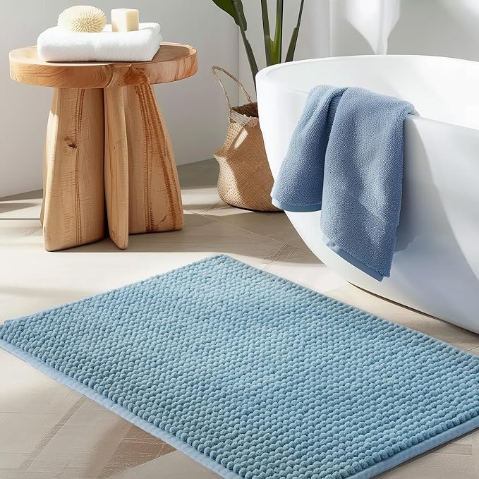 FRESHMINT Thick Chunky Chenille Bathroom Rug, Stone Blue, 24"x36" | Non-Slip Backing, Water Absorbent Surface, Machine Washable Care, Cushioned Comfort, Bathroom Floor Use