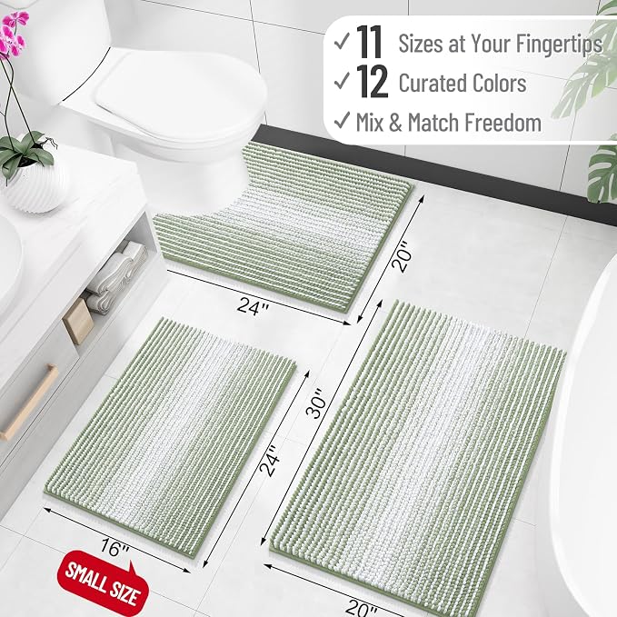 OLANLY Bathroom Runner Rugs 47x24, Chenille Striped Bath Rugs, Sage Green | Extra Soft Absorbent, Rubber Backing, Machine Wash Dry, Bath Mats for Bathroom Floor, Tub and Shower, Home Decor Accessories
