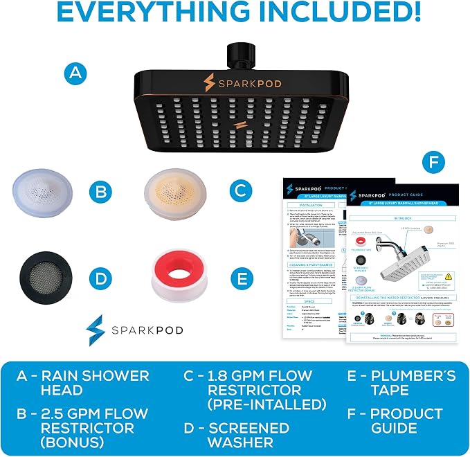 SparkPod Rain Shower Head, 6 Inch Square, Vintage Oil-Rubbed Bronze Finish | High Pressure Shower Heads, 90 Nozzles, Adjustable Showerhead, No Tools Needed, Universal Connection