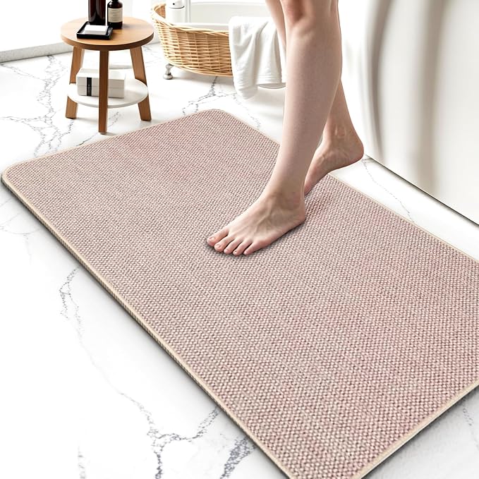 Upgraded Bath Mat 19x30Inch, Thin Bath Mats Rugs with Rubber Backing Non-Slip, Absorbent,Quick Dry Machine Washable, Home Decor Accessories Cozy Cloth Bathroom Rugs fit Under Door/Sink/Tub-Biege