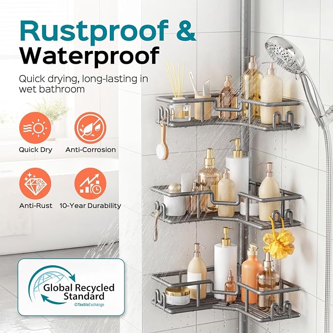 HAMITOR Adjustable Bathroom Storage, 4-Tier Tension Pole Shower Caddy, Gray | Rustproof Floor-To-Ceiling Tension Mounted Shampoo Organizer, No Drilling, Space-Saving Home Essentials For Renters 47-123in