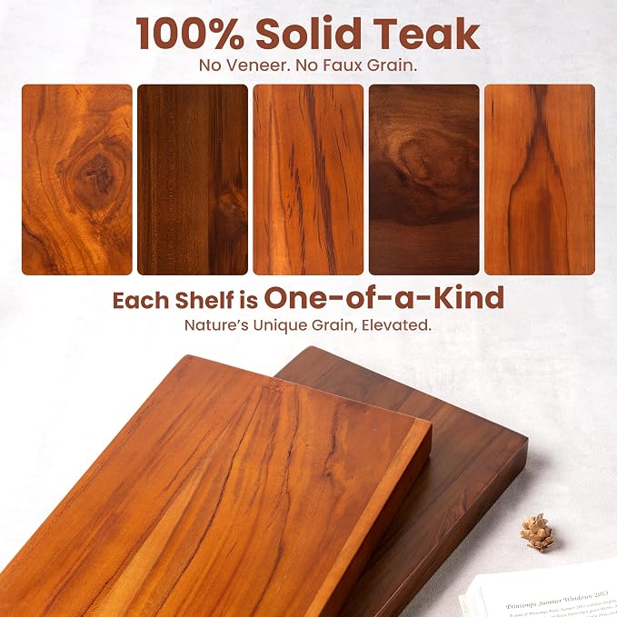 24 Inch Teak Floating Wall Shelves Set of 2 | Weather Resistant, Heavy Duty Hidden Brackets, Natural Wood Grain, Wall Storage For Bathroom, Kitchen, Living Room & Outdoor